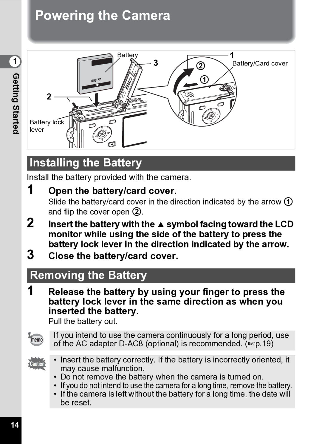 Pentax Optio S5i manual Powering the Camera, Installing the Battery, Removing the Battery, Open the battery/card cover 