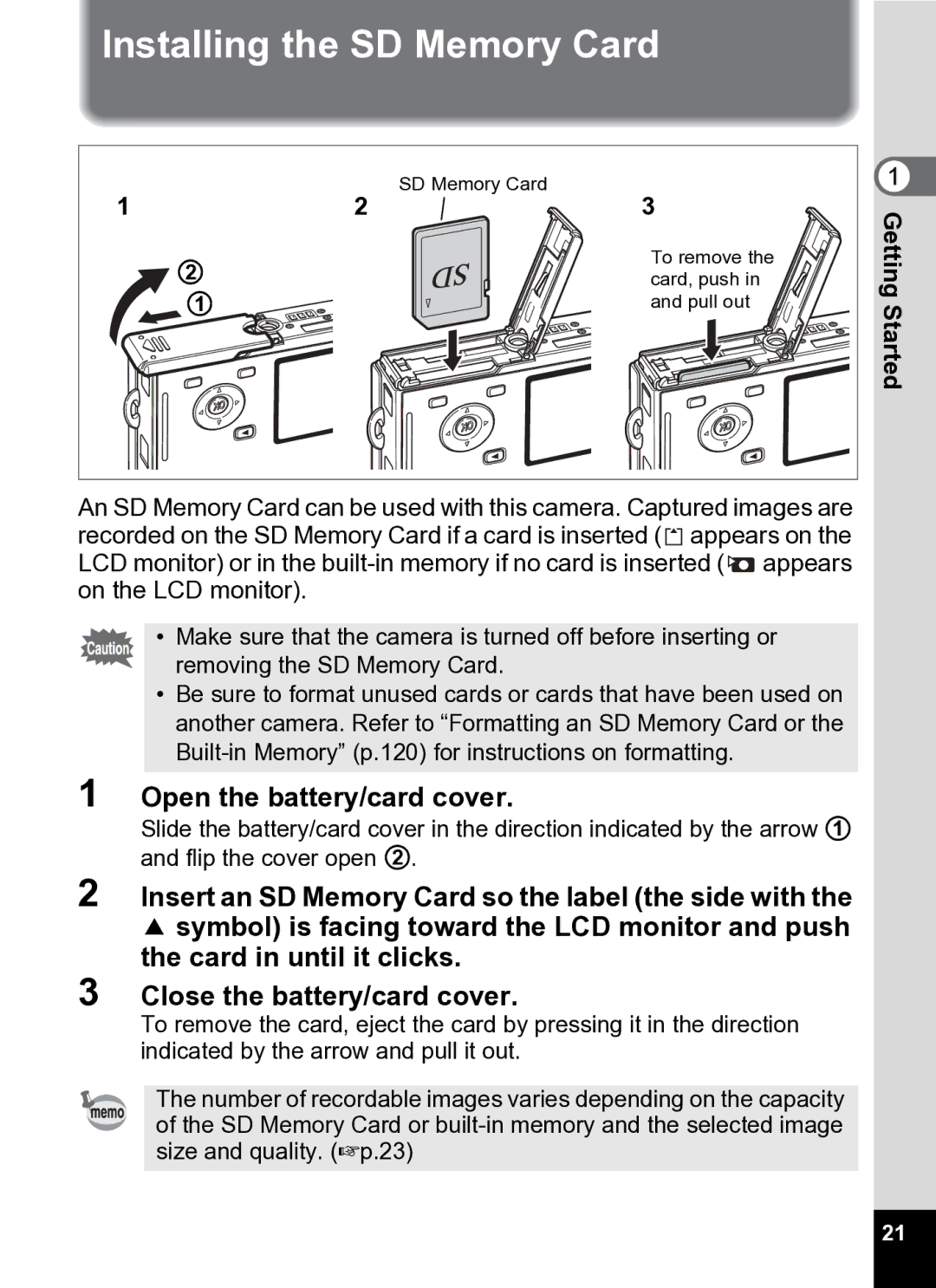 Pentax Optio S5i manual Installing the SD Memory Card, Open the battery/card cover 