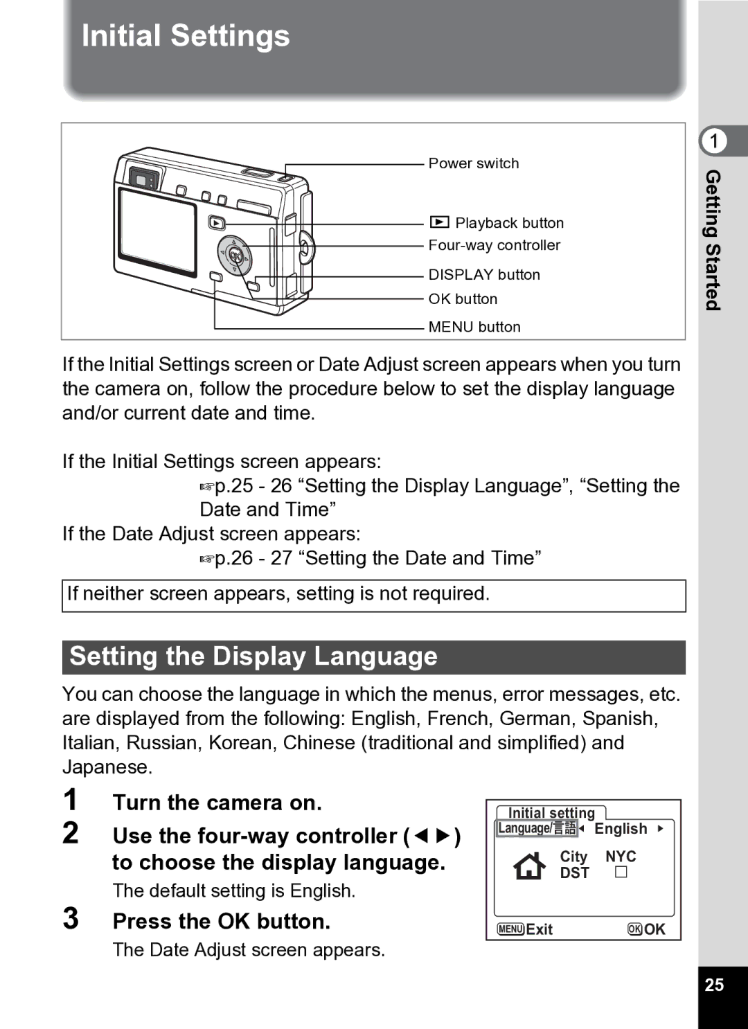 Pentax Optio S5i manual Initial Settings, Setting the Display Language, Press the OK button 