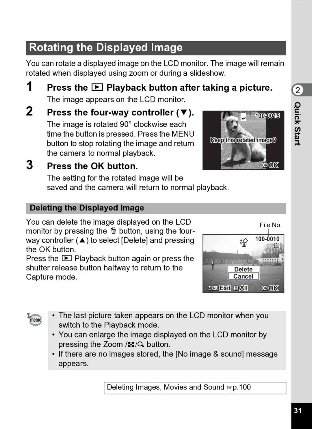 Pentax Optio S5i manual Rotating the Displayed Image, Deleting the Displayed Image 