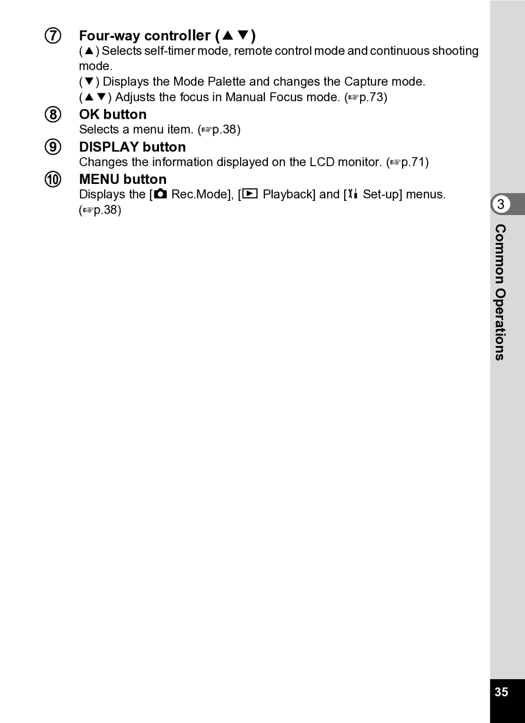 Pentax Optio S5i manual OK button, Display button, Menu button 