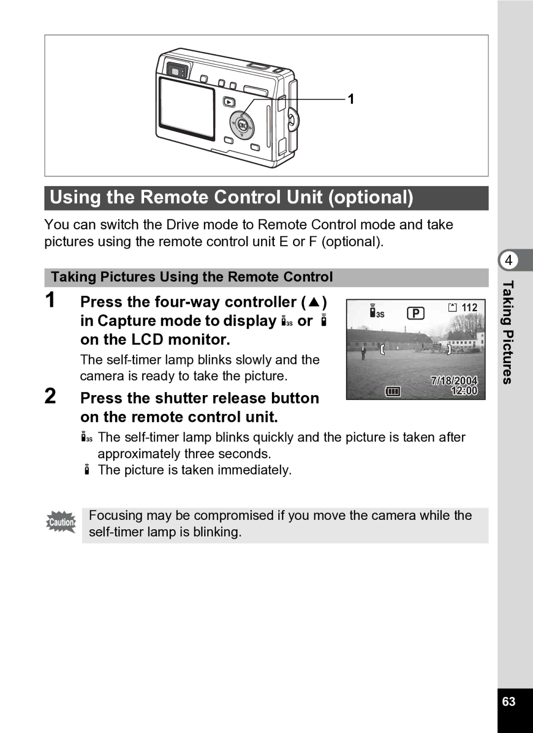 Pentax Optio S5i manual Using the Remote Control Unit optional, Capture mode to display i or h On the LCD monitor 