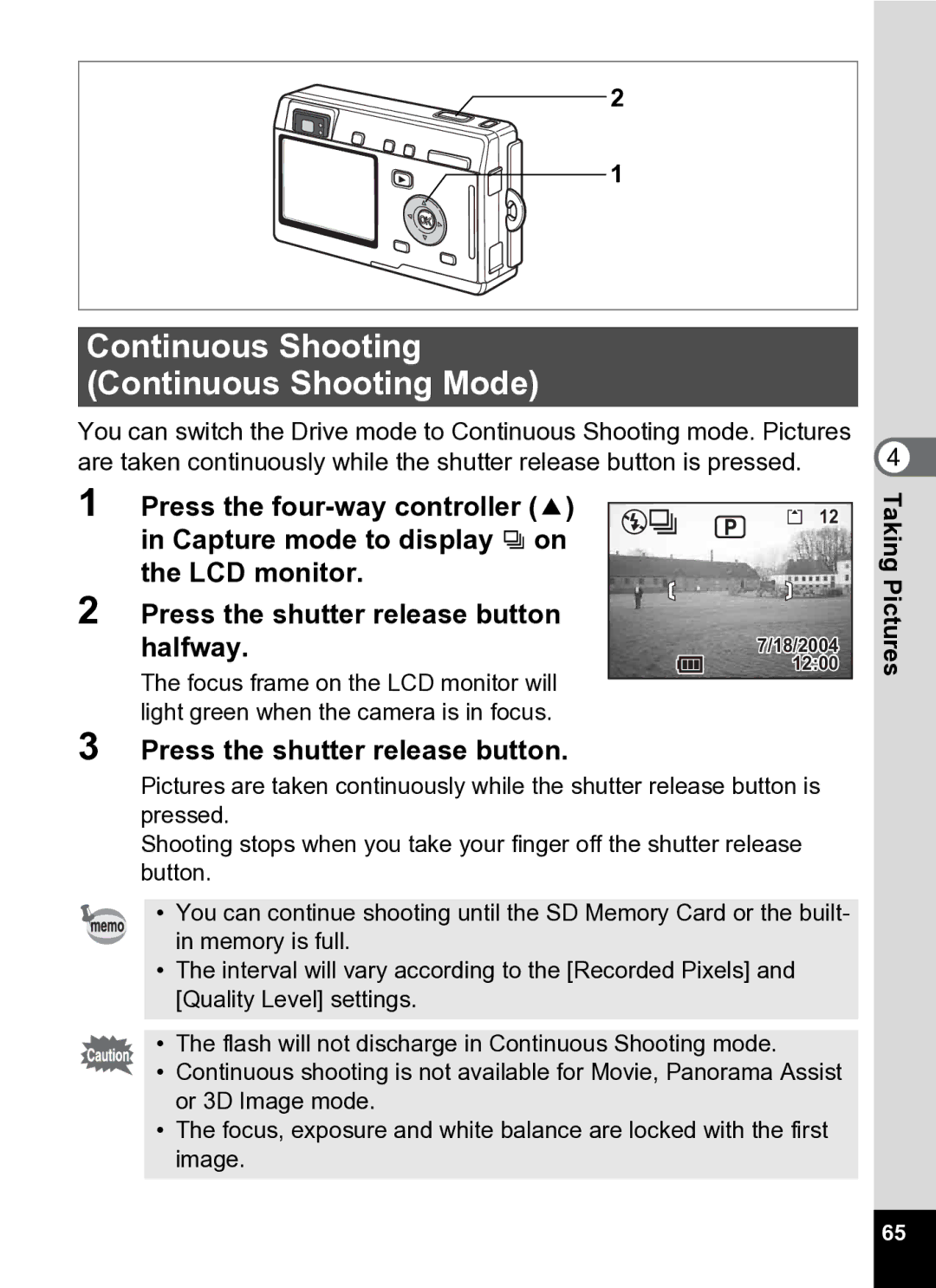 Pentax Optio S5i manual Continuous Shooting Continuous Shooting Mode 