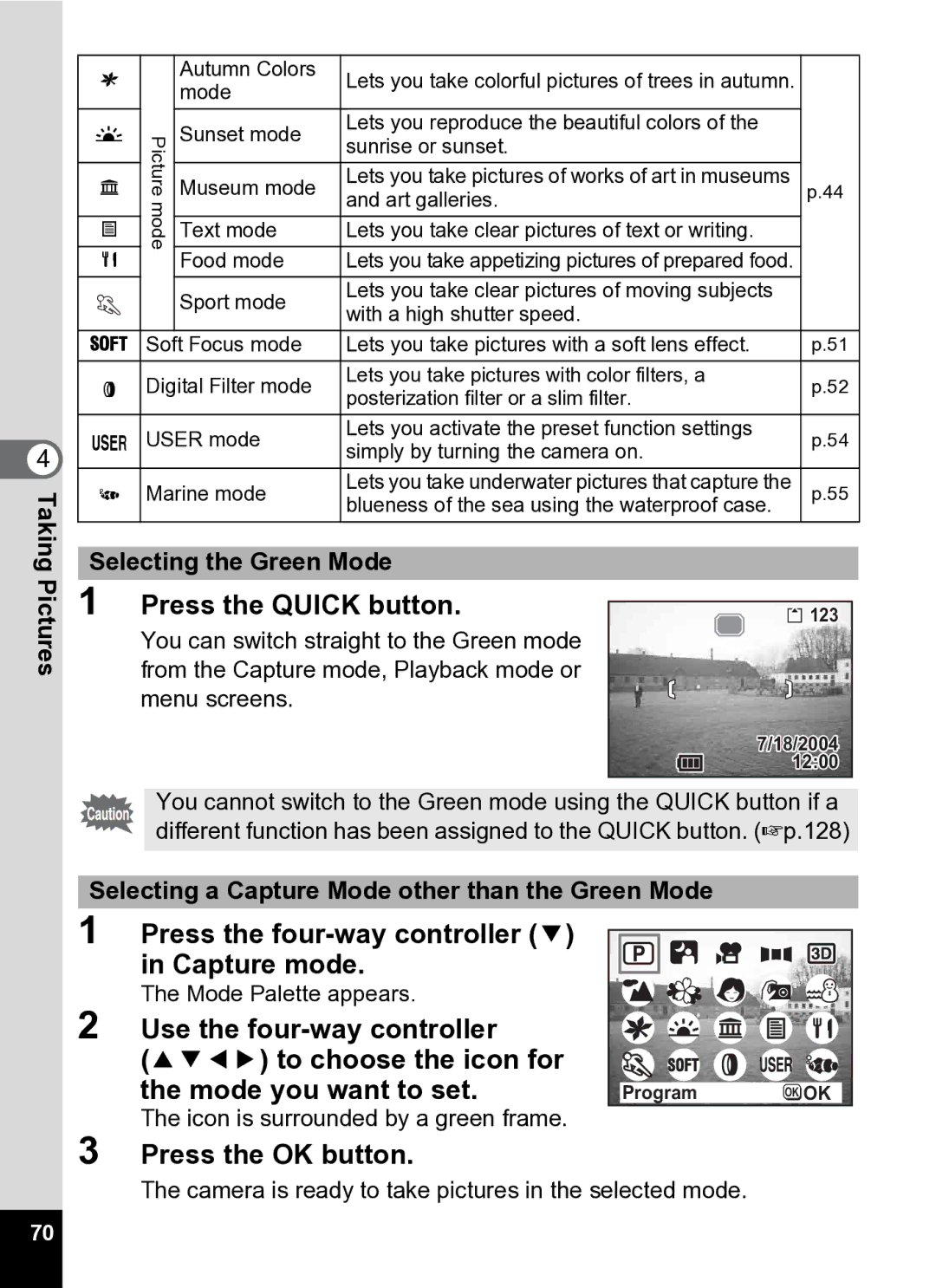 Pentax Optio S5i manual Selecting the Green Mode, Selecting a Capture Mode other than the Green Mode 