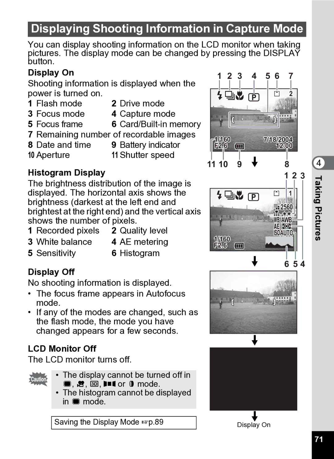 Pentax Optio S5i manual Displaying Shooting Information in Capture Mode 