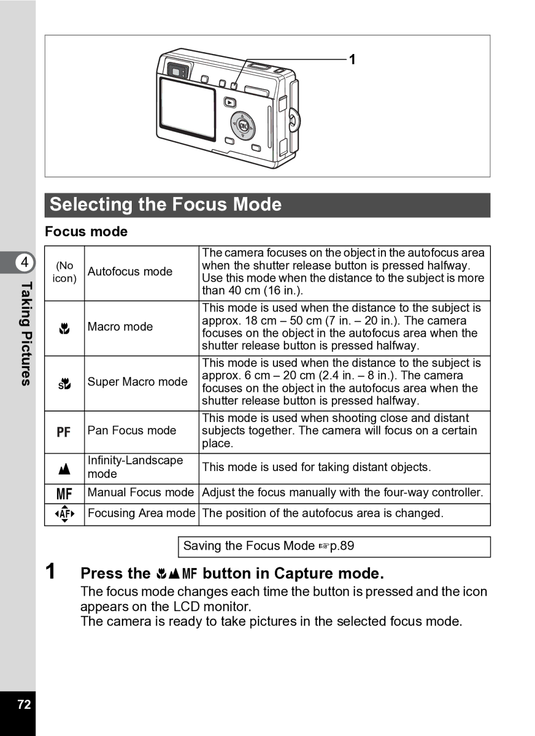 Pentax Optio S5i manual Selecting the Focus Mode, Press the qsz button in Capture mode, Focus mode 