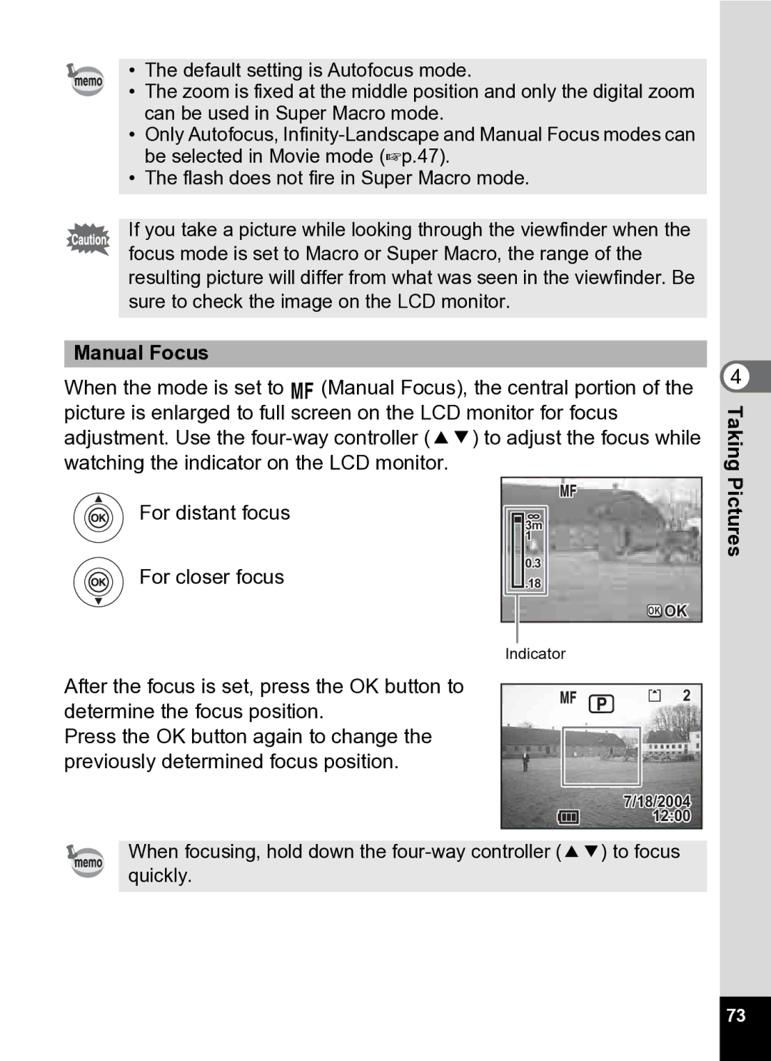 Pentax Optio S5i manual Manual Focus, Pictures 