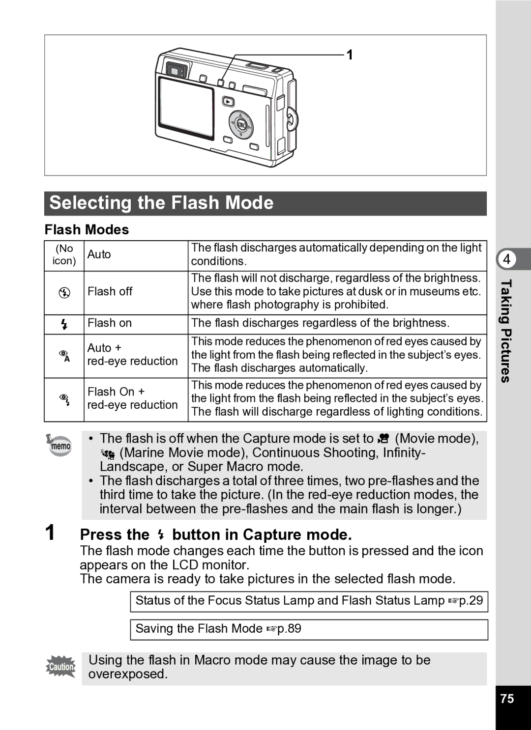 Pentax Optio S5i manual Selecting the Flash Mode, Press the b button in Capture mode, Flash Modes 