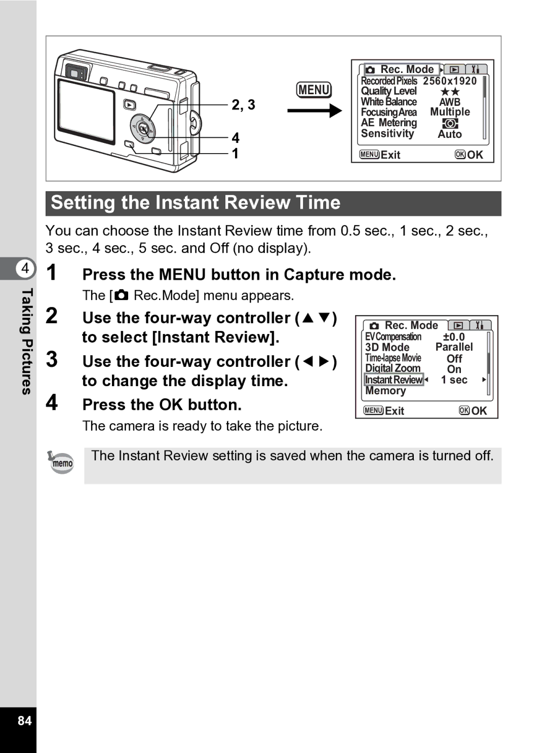 Pentax Optio S5i manual Setting the Instant Review Time 