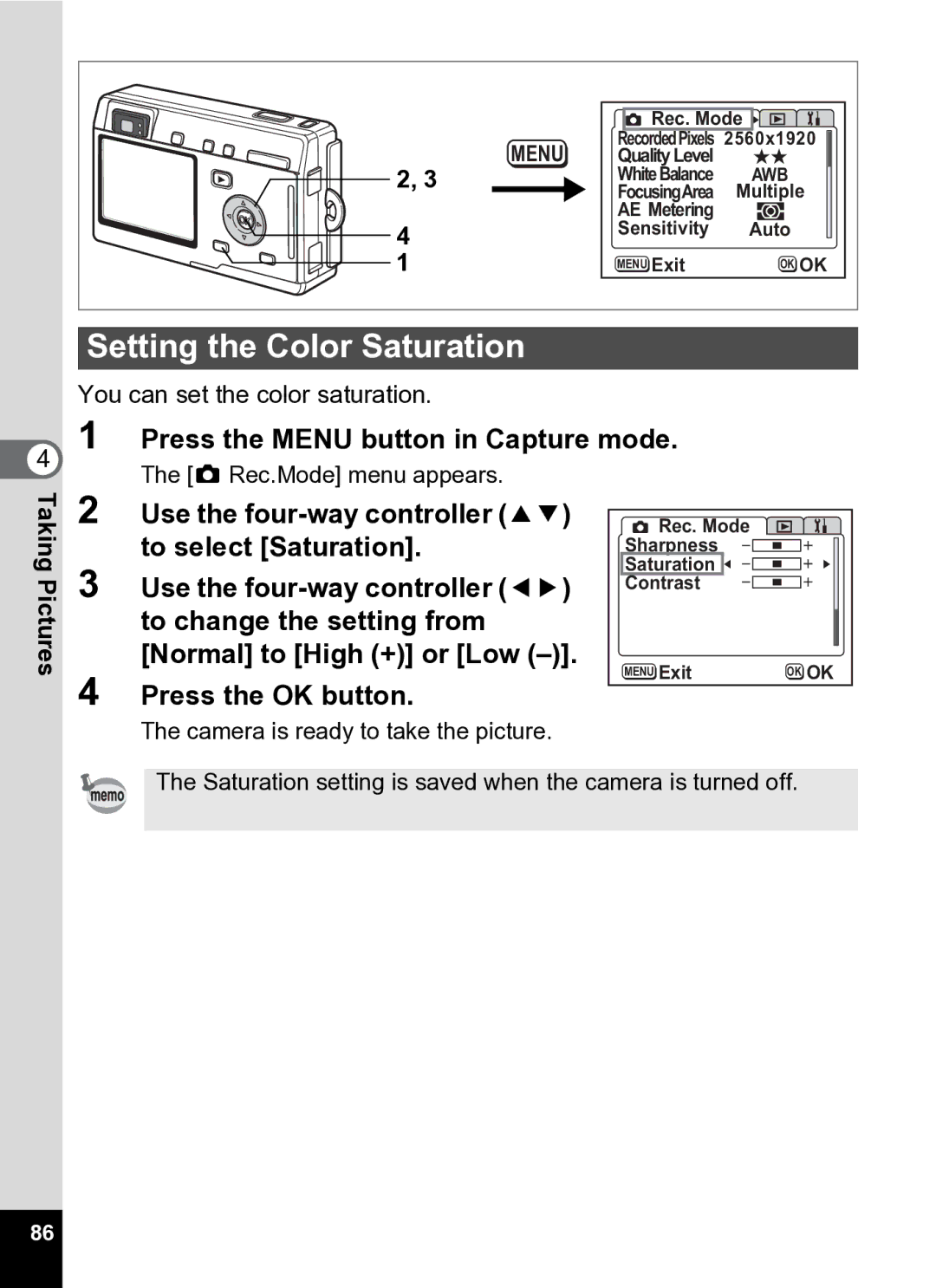 Pentax Optio S5i manual Setting the Color Saturation, Taking 