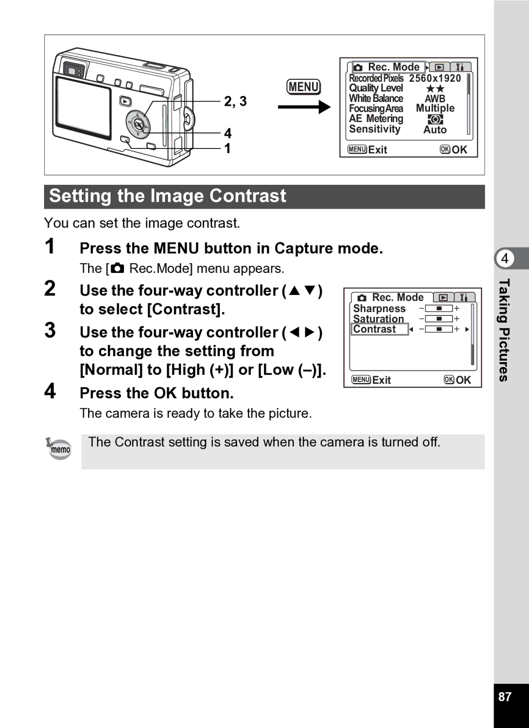 Pentax Optio S5i manual Setting the Image Contrast, You can set the image contrast 