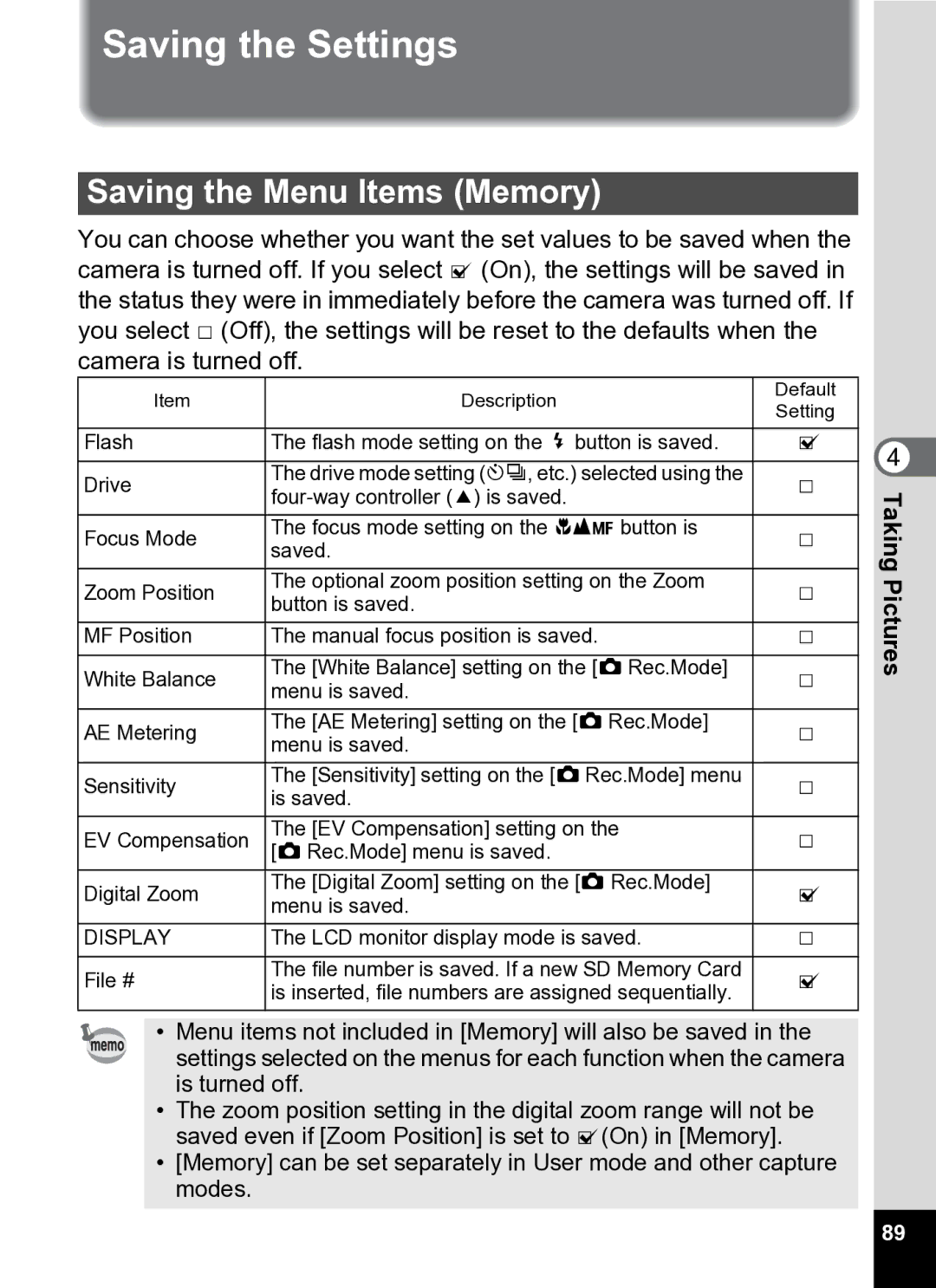 Pentax Optio S5i manual Saving the Settings, Saving the Menu Items Memory 