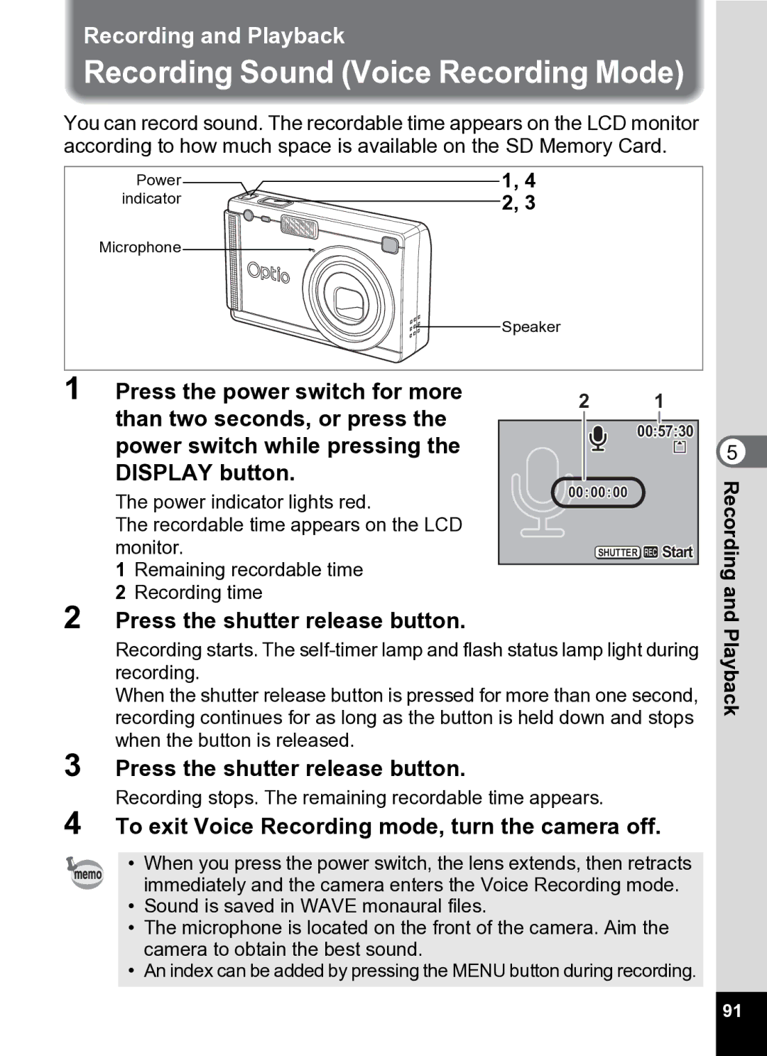 Pentax Optio S5i manual Recording Sound Voice Recording Mode, To exit Voice Recording mode, turn the camera off, Playback 