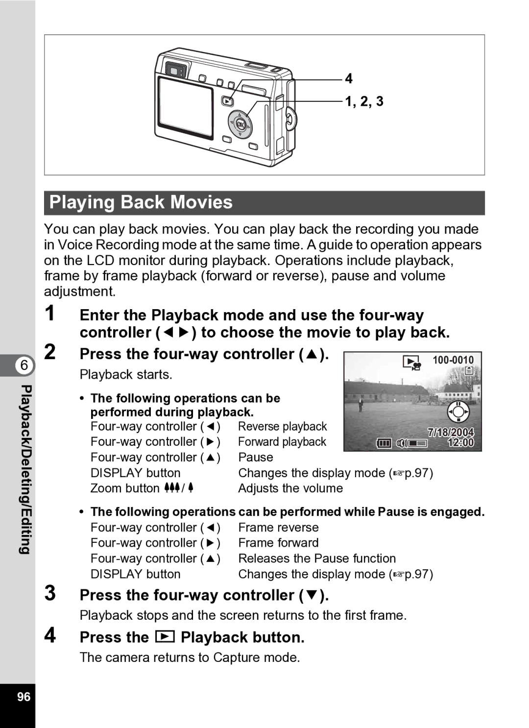 Pentax Optio S5i manual Playing Back Movies, Following operations can be Performed during playback 