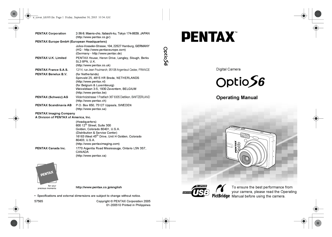 Pentax Optio S6 specifications For Belgium & Luxembourg, Headquarters 