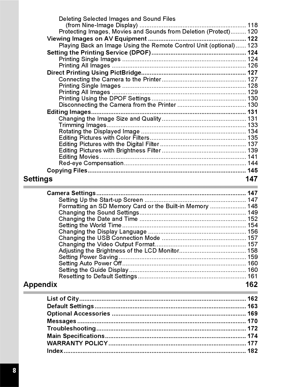 Pentax Optio S6 specifications Settings, Appendix, Printing Single Images 124 Printing All Images 126 