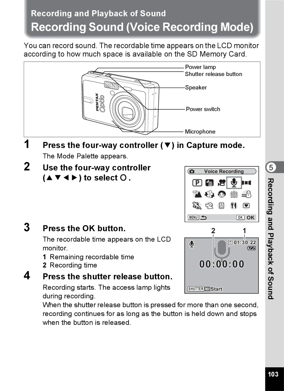 Pentax Optio S6 specifications Playback of Sound, 103 