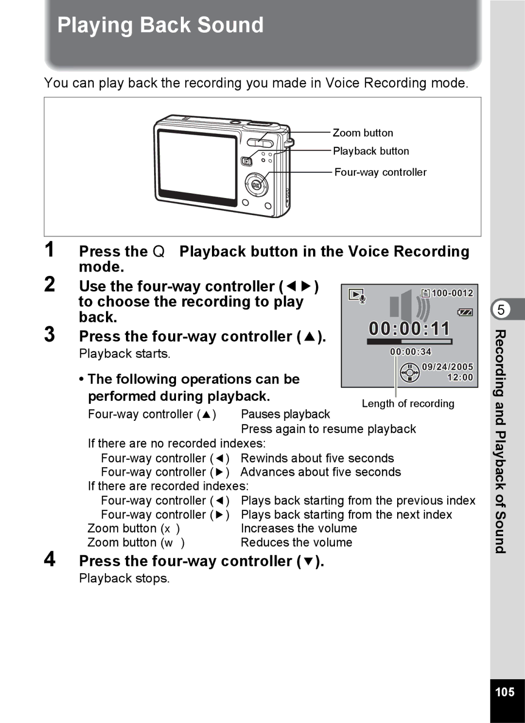 Pentax Optio S6 specifications Playing Back Sound, Following operations can be performed during playback, 105 