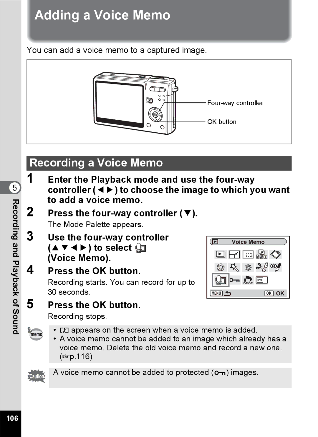 Pentax Optio S6 specifications Adding a Voice Memo, Recording a Voice Memo, To select Voice Memo Press the OK button, 106 