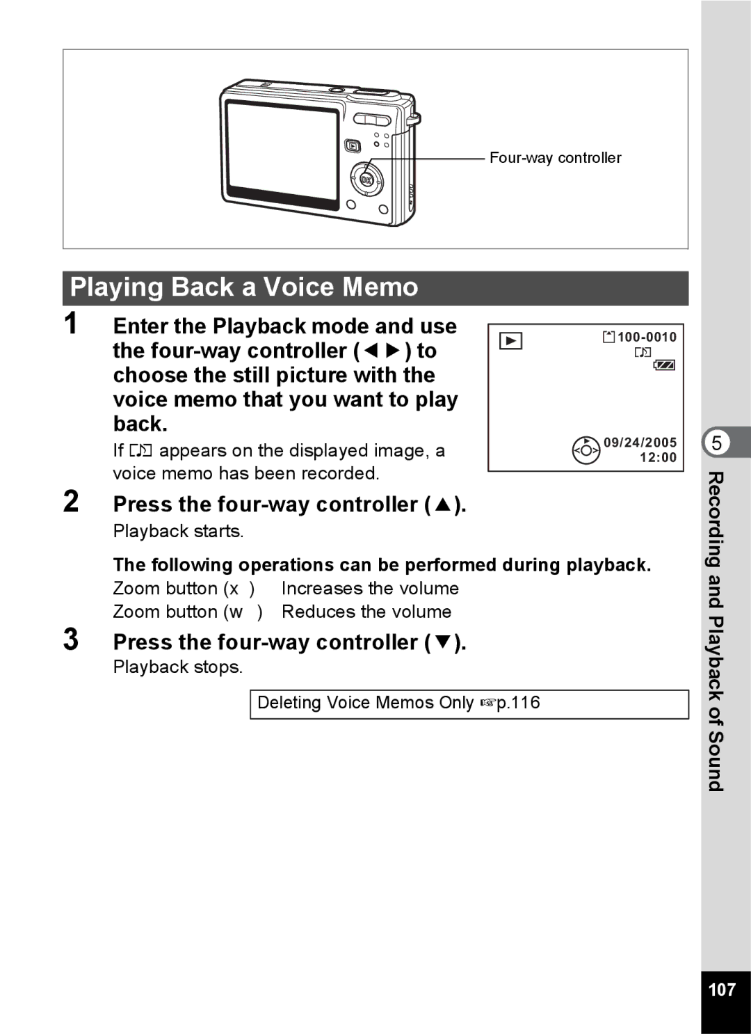 Pentax Optio S6 specifications Playing Back a Voice Memo, 107 