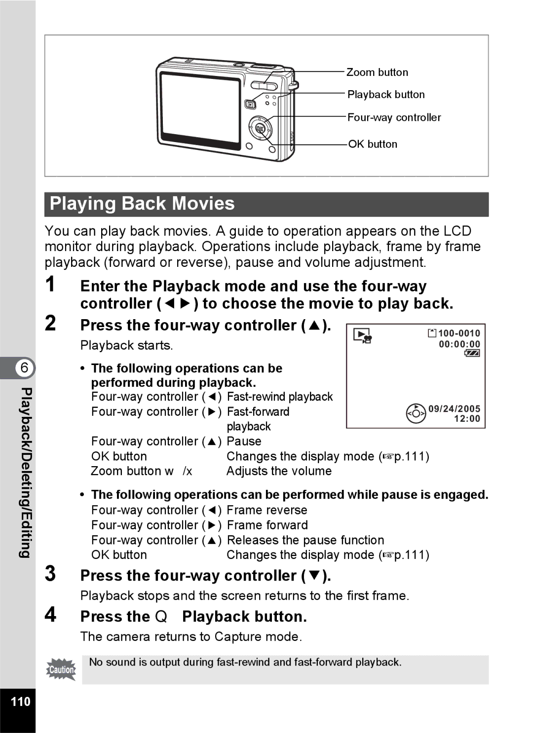 Pentax Optio S6 specifications Playing Back Movies, 110 