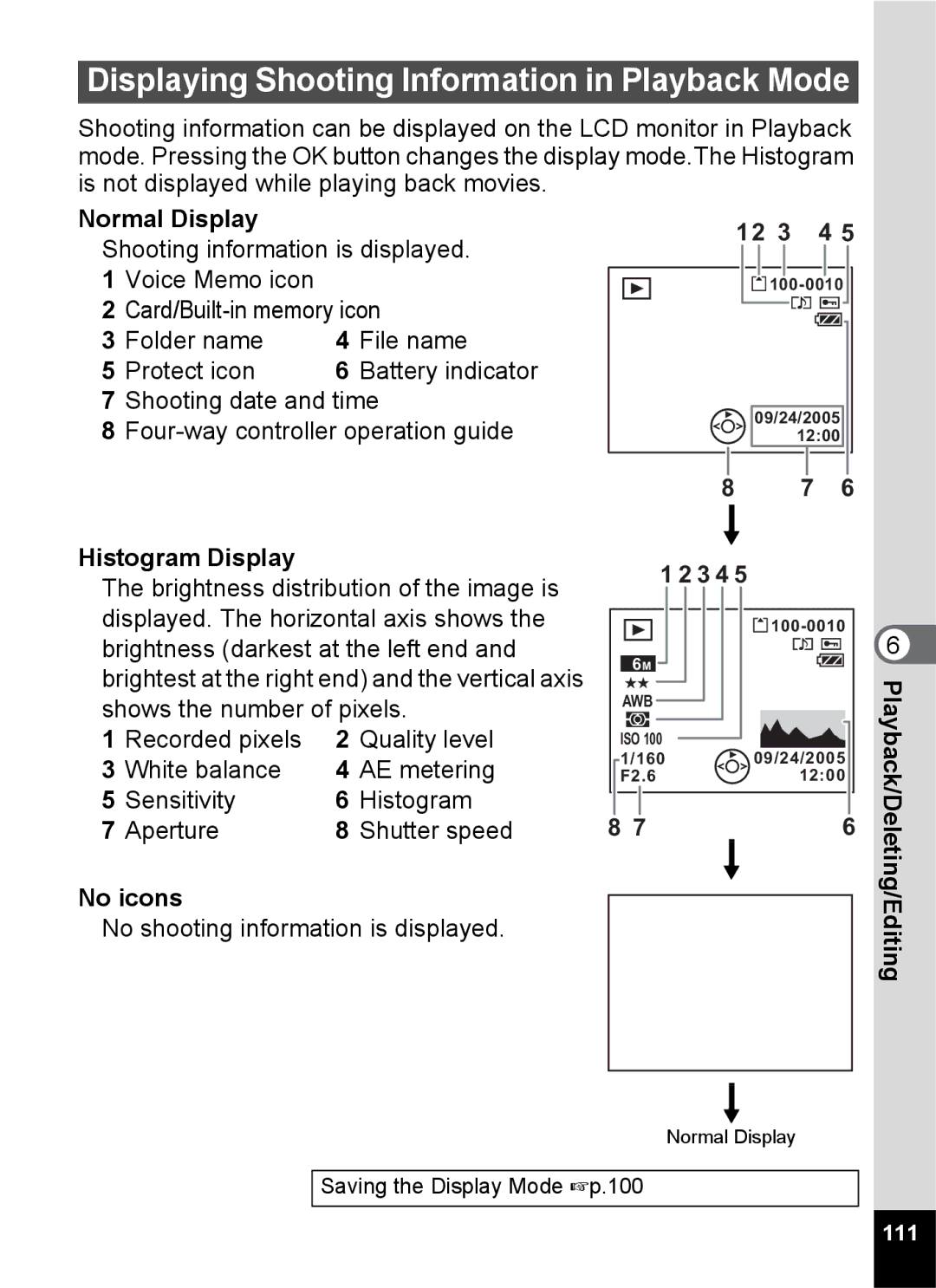 Pentax Optio S6 Displaying Shooting Information in Playback Mode, Folder name File name Protect icon Battery indicator 