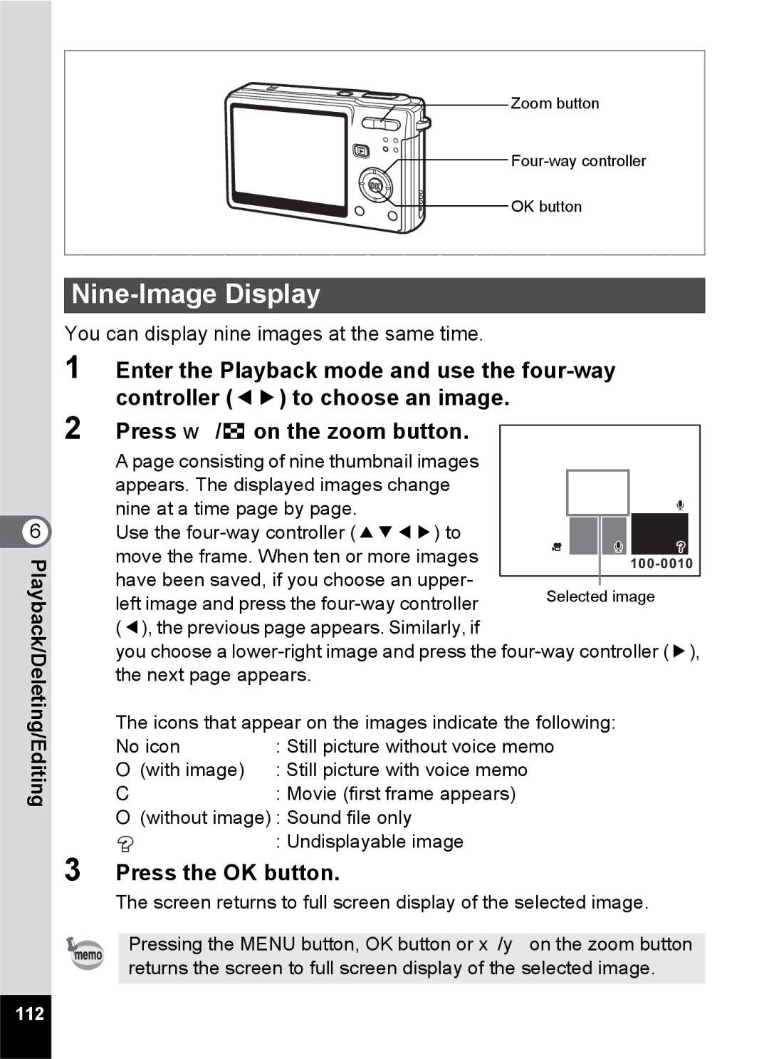 Pentax Optio S6 specifications Nine-Image Display, 112 