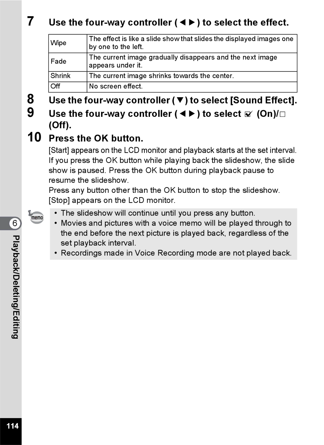 Pentax Optio S6 specifications Use the four-way controller 45 to select the effect, 114, Wipe, By one to the left 