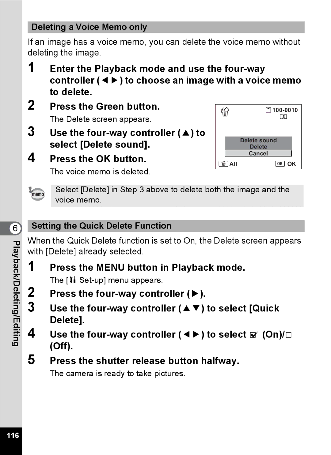 Pentax Optio S6 specifications Press the Menu button in Playback mode, Deleting a Voice Memo only, 116 