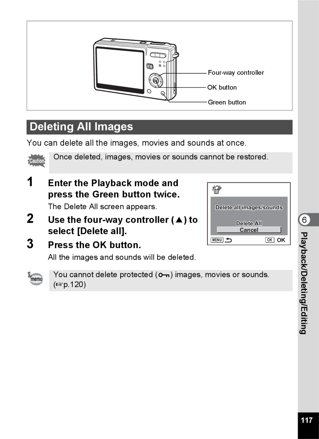 Pentax Optio S6 specifications Deleting All Images, Enter the Playback mode and press the Green button twice, 117 