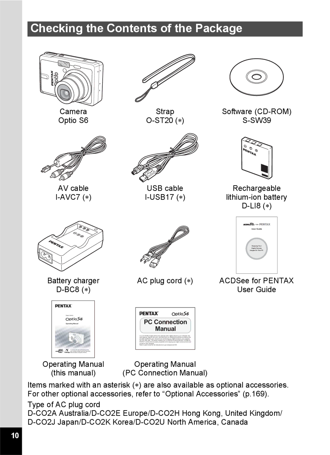 Pentax Optio S6 specifications Checking the Contents of the Package 