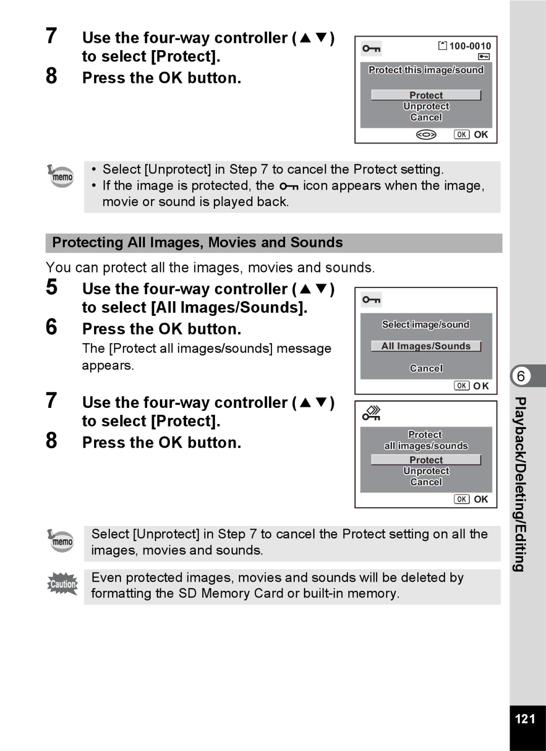 Pentax Optio S6 specifications Protecting All Images, Movies and Sounds, 121 