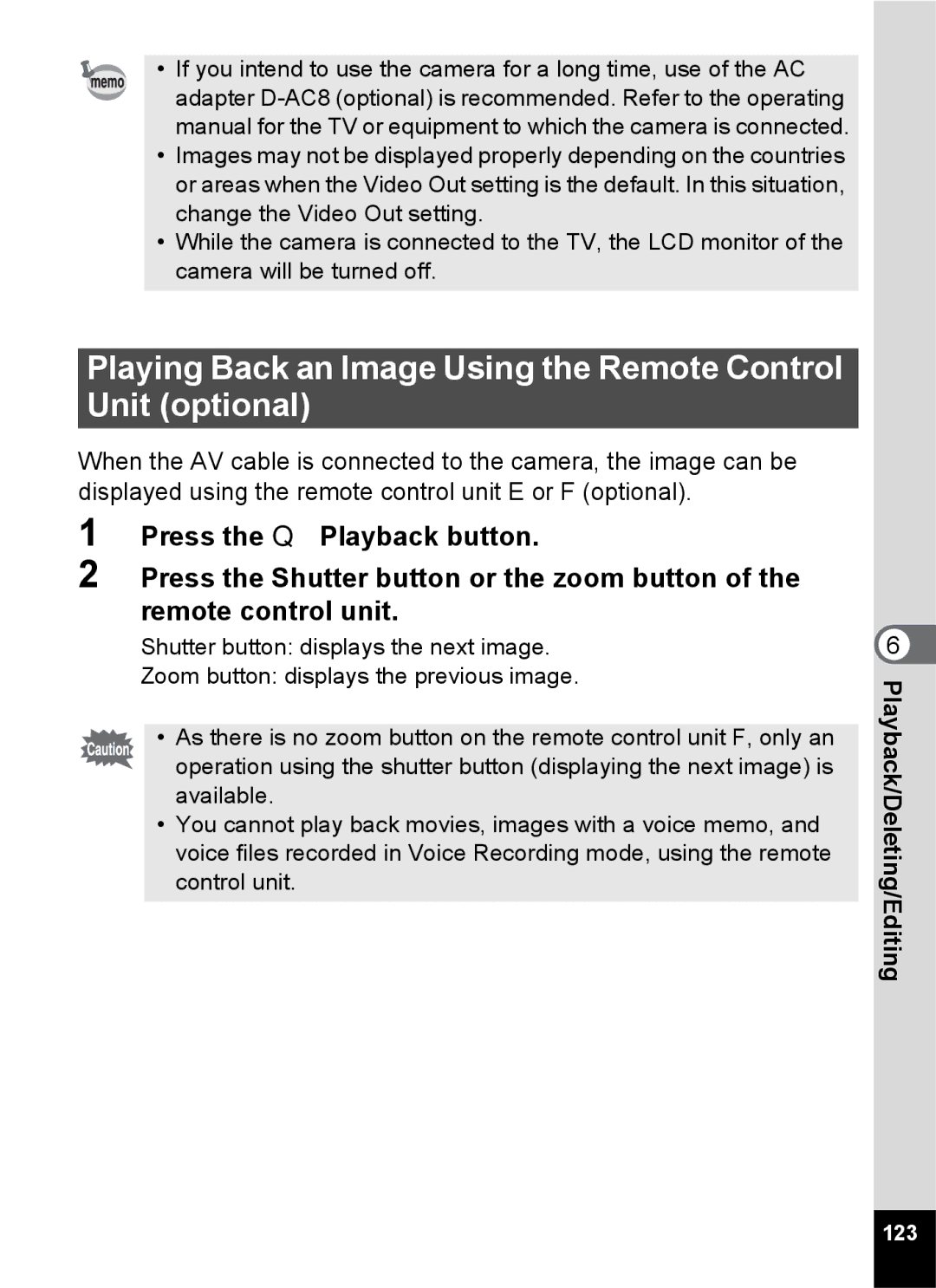 Pentax Optio S6 specifications Playing Back an Image Using the Remote Control Unit optional, 123 