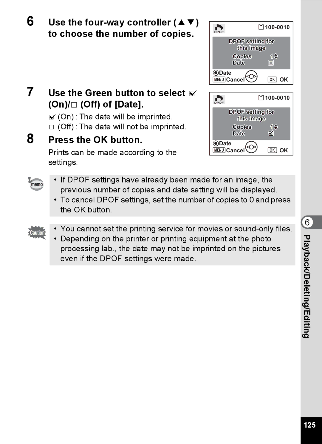 Pentax Optio S6 specifications Prints can be made according to the settings, 125 