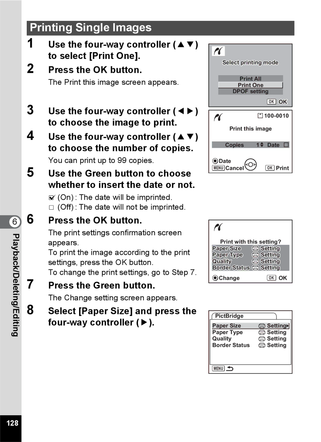 Pentax Optio S6 specifications Select Paper Size and press, Four-way controller, 128 