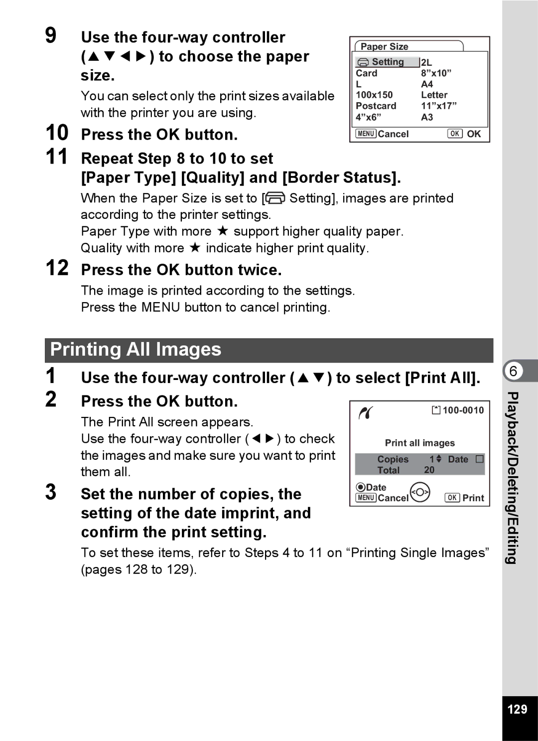 Pentax Optio S6 specifications Press the OK button twice, Setting of the date imprint, and confirm the print setting, 129 