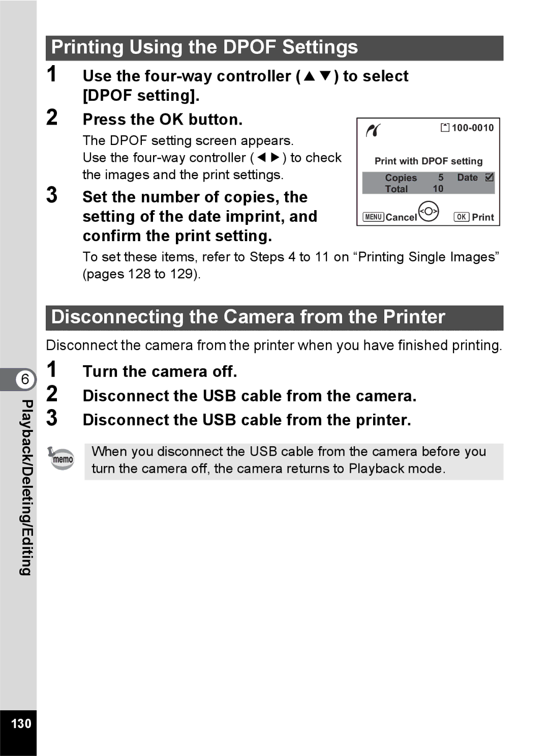 Pentax Optio S6 specifications Printing Using the Dpof Settings, Disconnecting the Camera from the Printer, 130 