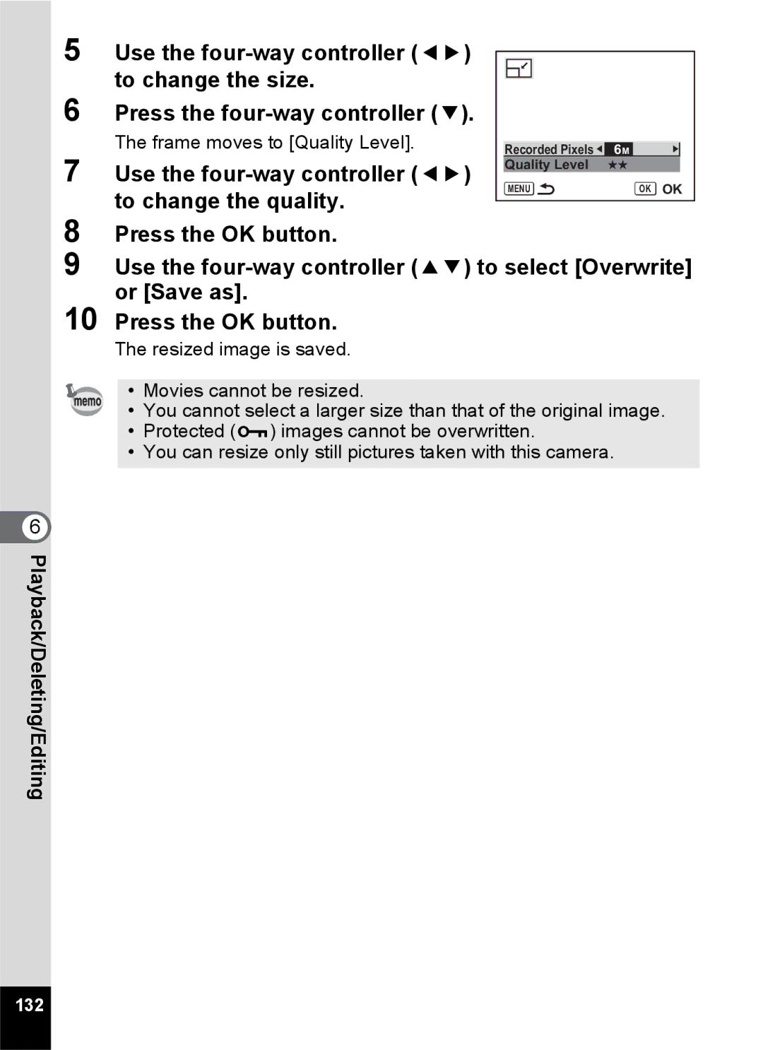 Pentax Optio S6 specifications To change the quality, 132 