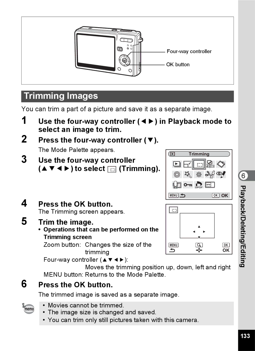 Pentax Optio S6 specifications Trimming Images, Trim the image, 133 