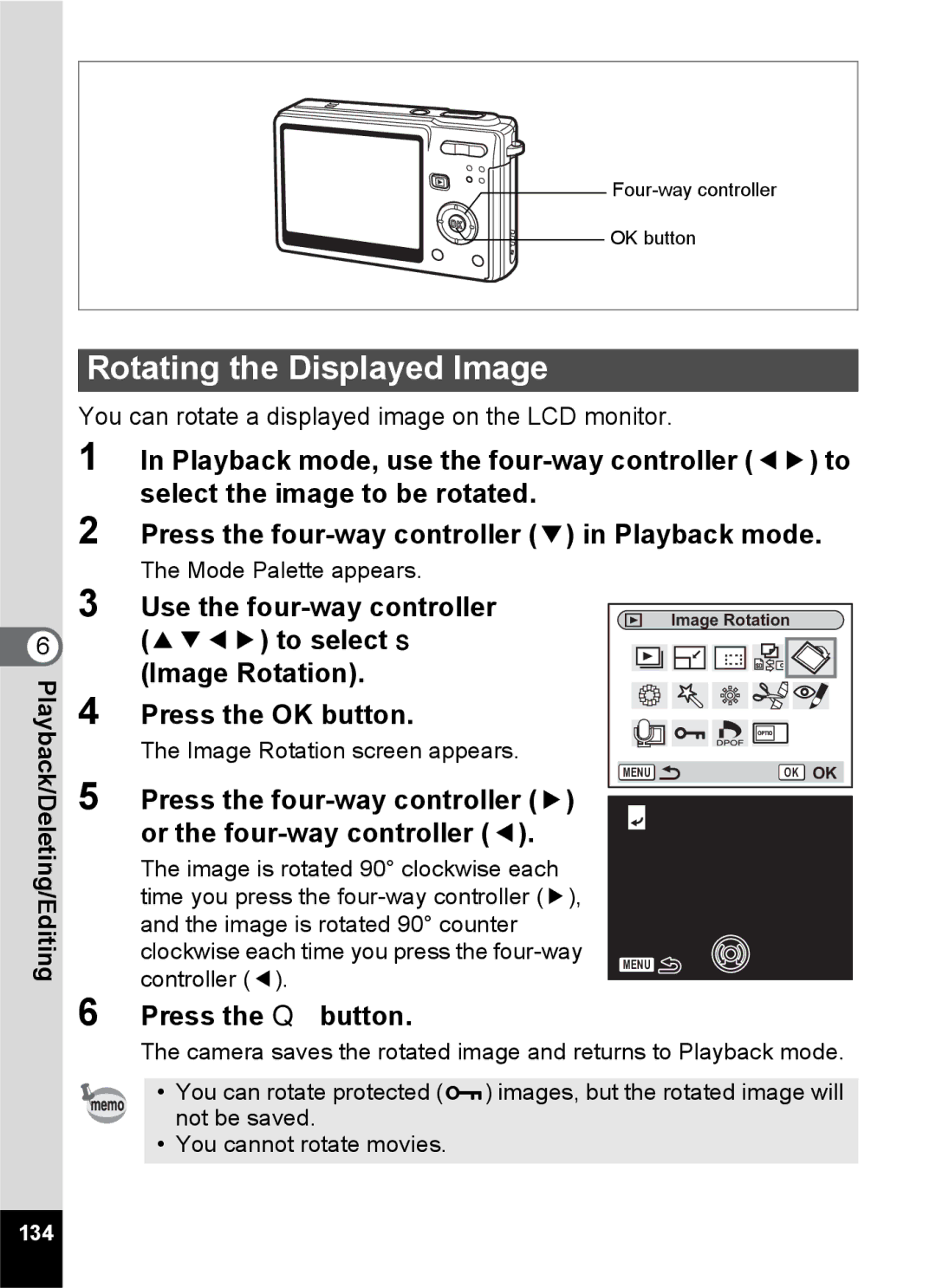 Pentax Optio S6 Rotating the Displayed Image, Press the four-way controller 5 or the four-way controller, 134 