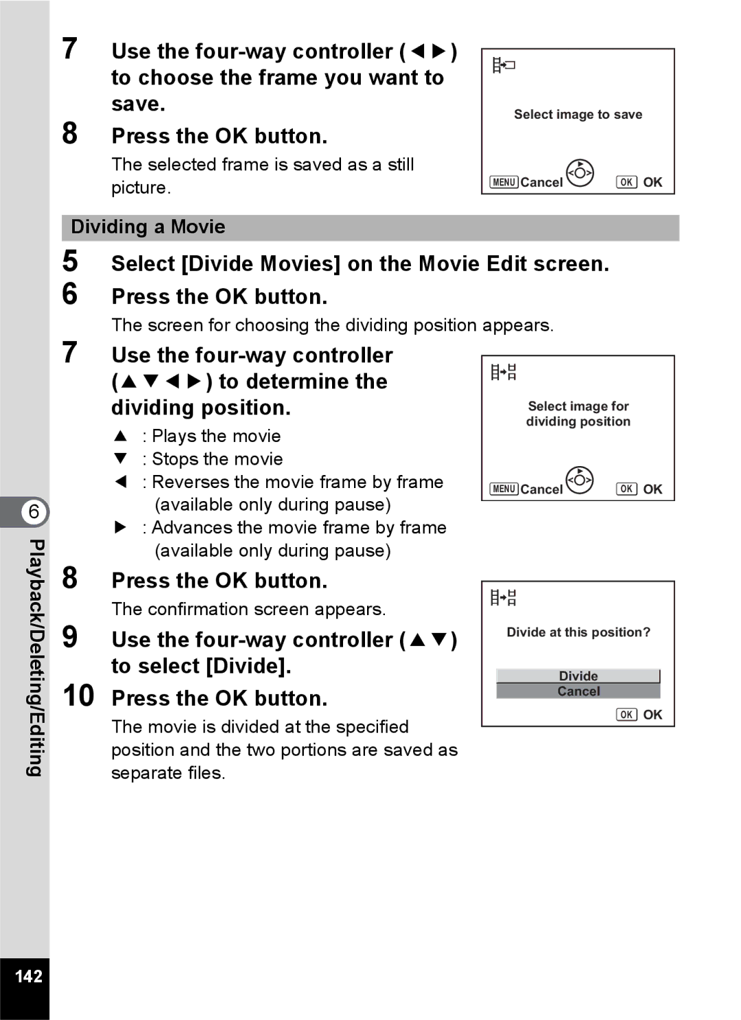 Pentax Optio S6 specifications Dividing a Movie, 142 