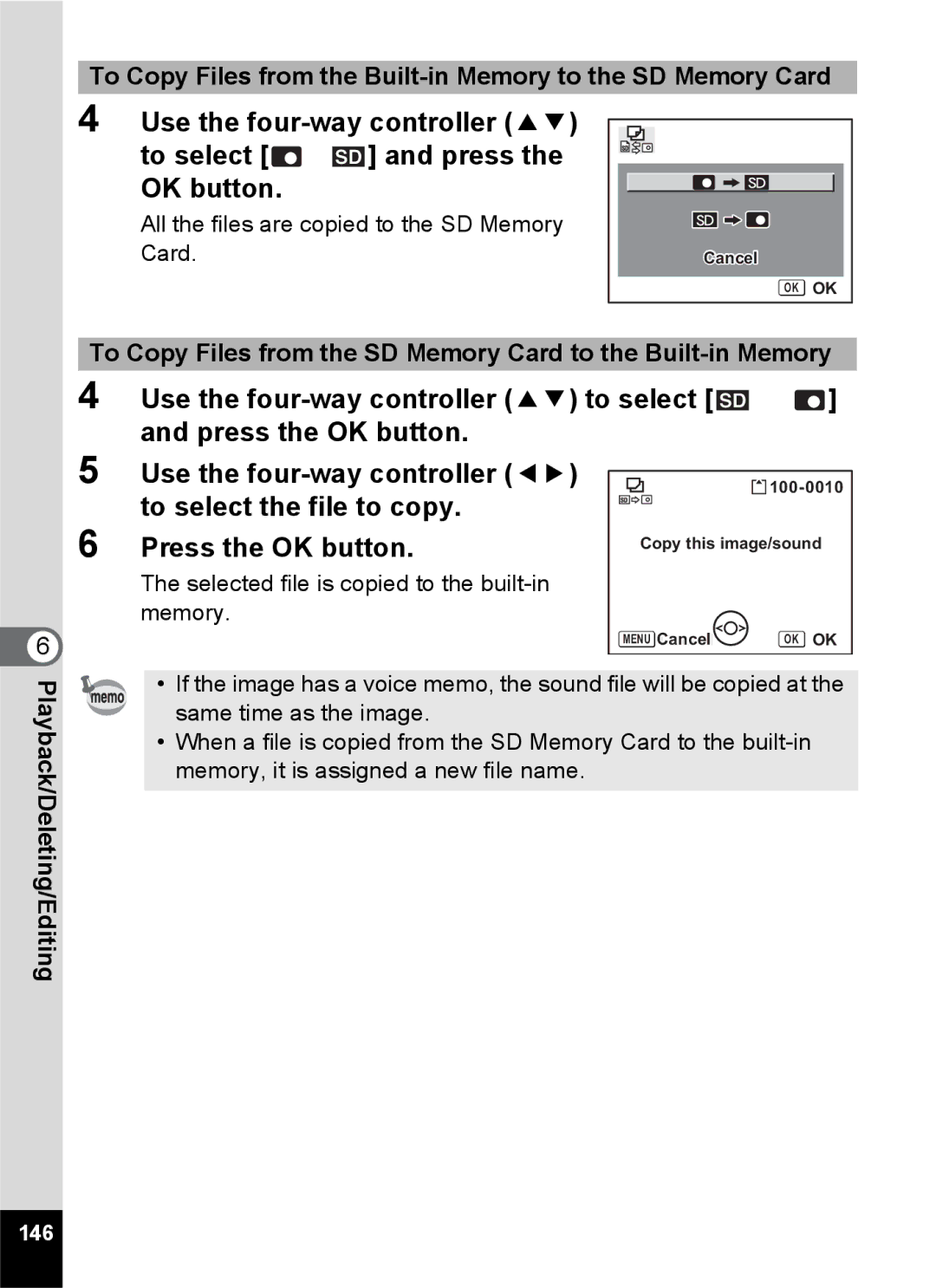 Pentax Optio S6 specifications To select the file to copy Press the OK button, 146 