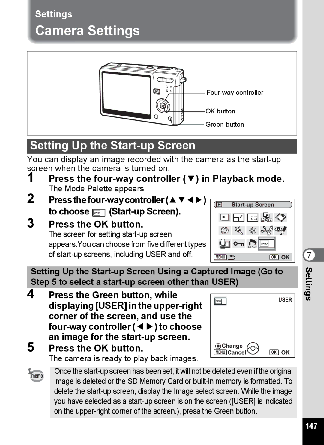 Pentax Optio S6 Camera Settings, Setting Up the Start-up Screen, Press the four-way controller 3 in Playback mode, 147 