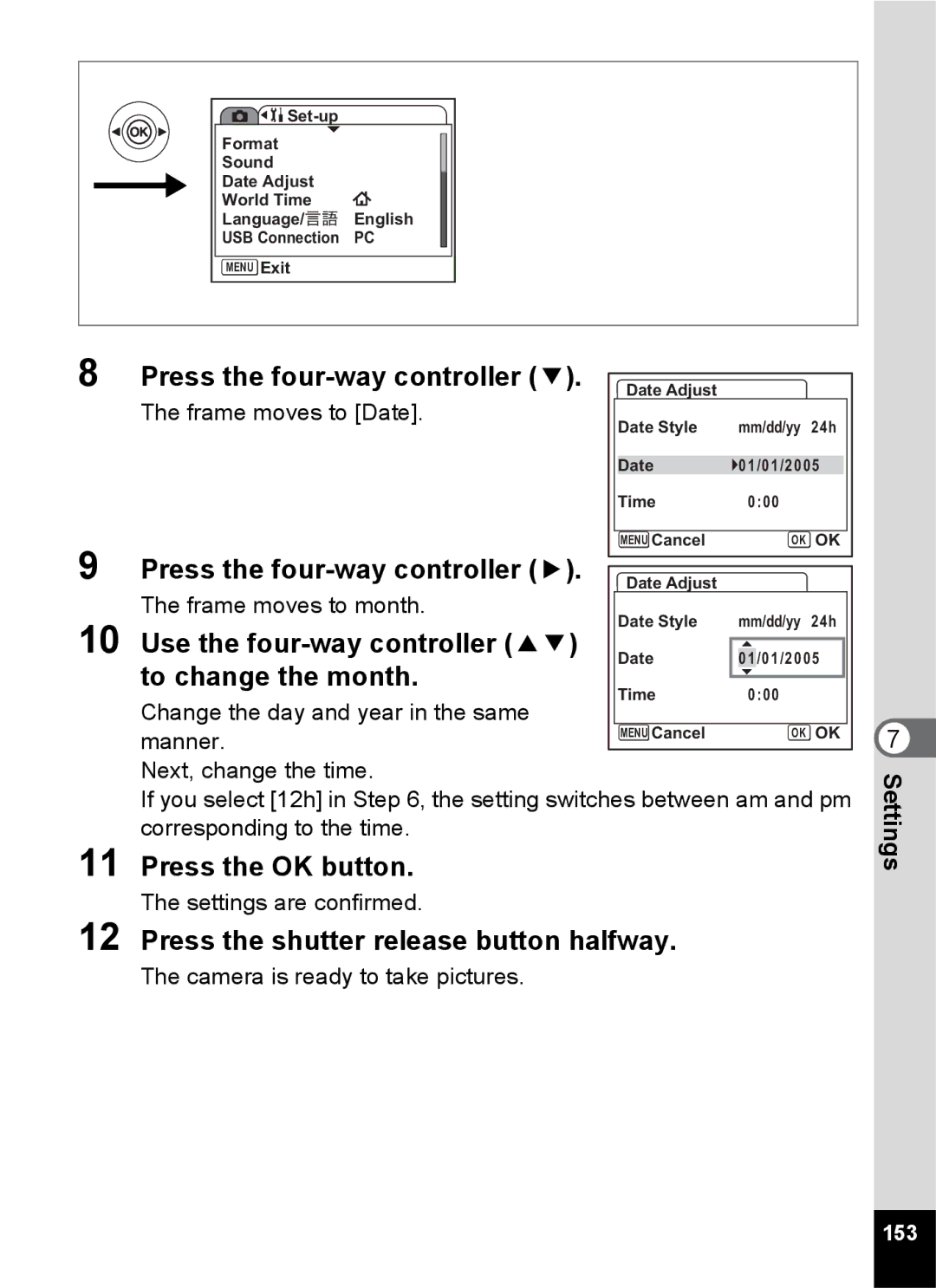 Pentax Optio S6 specifications To change the month, 153 