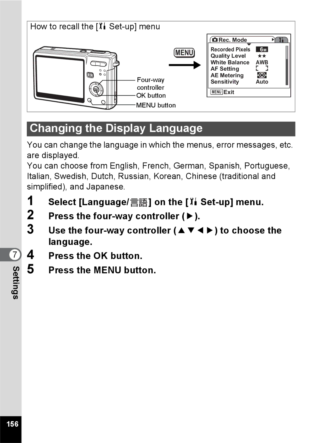 Pentax Optio S6 specifications Changing the Display Language, 156 