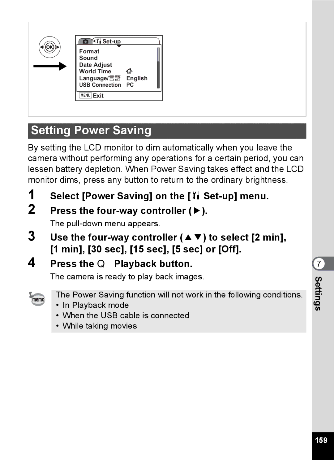 Pentax Optio S6 specifications Setting Power Saving, 159 