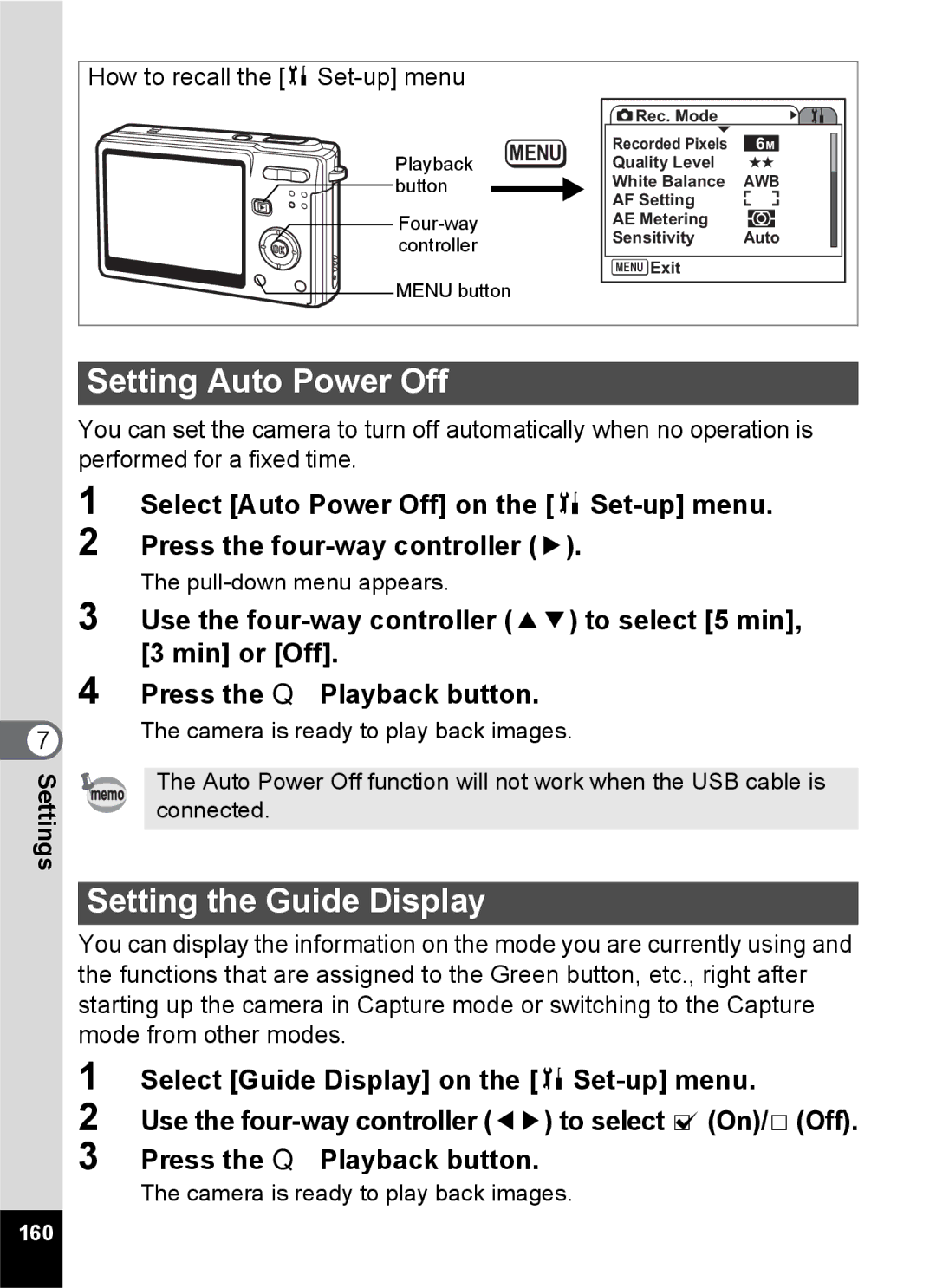 Pentax Optio S6 specifications Setting Auto Power Off, Setting the Guide Display, 160 