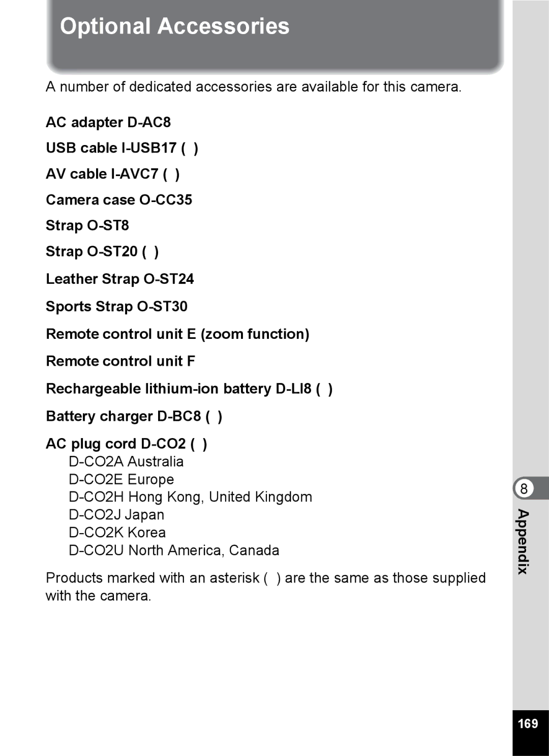 Pentax Optio S6 specifications Optional Accessories, 169 