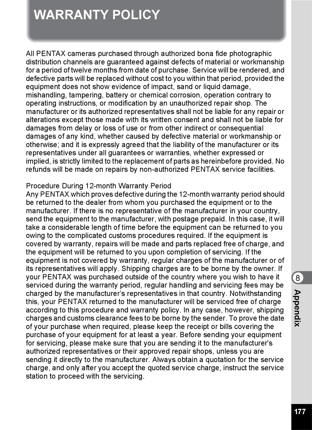 Pentax Optio S6 specifications Warranty Policy, 177 