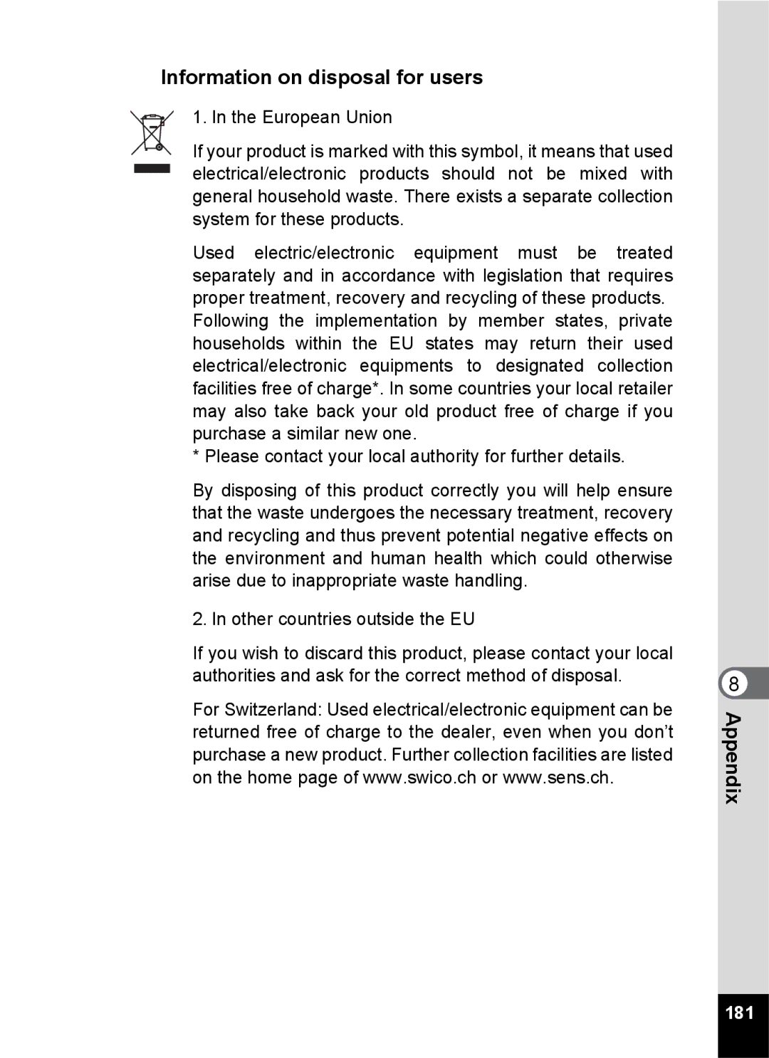 Pentax Optio S6 specifications Information on disposal for users, 181 